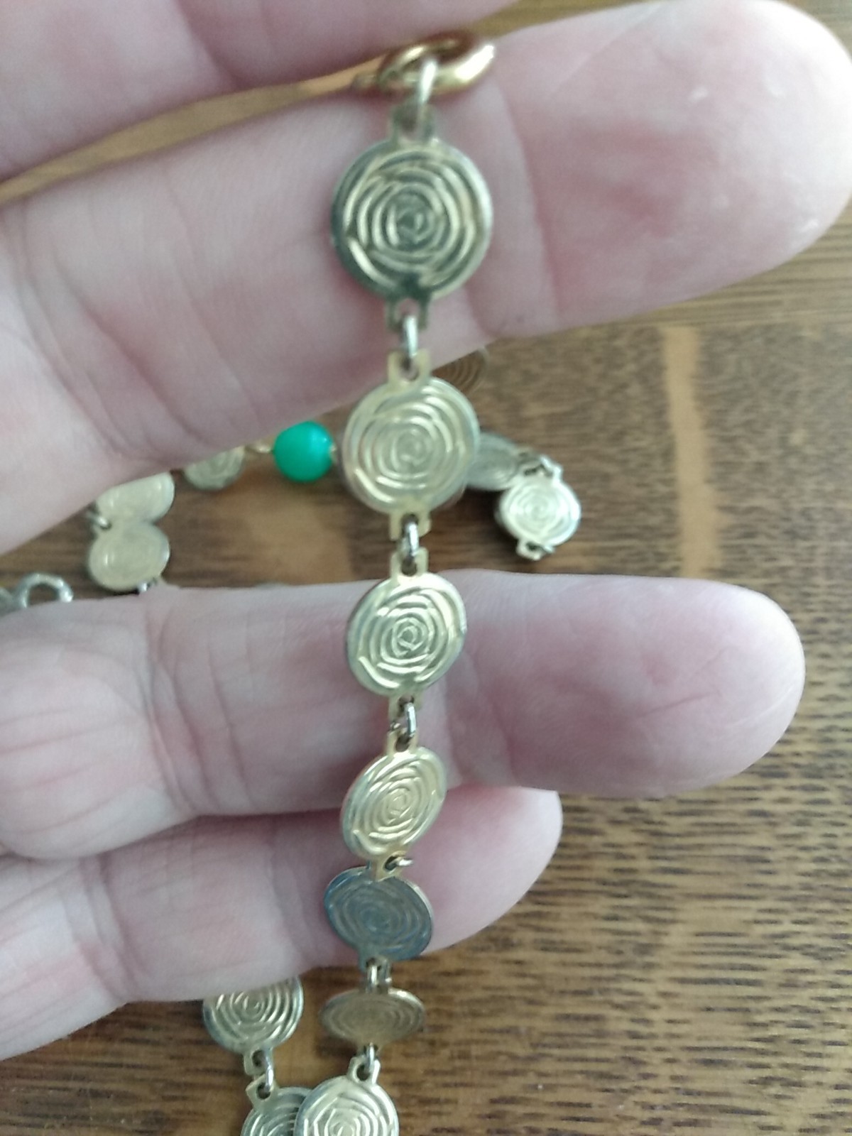Vintage signed LJM Asian Theme Chain & Pendant With Green Glass Balls