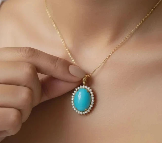 Oval Cut Lab Created Turquoise Womens Pendant 14K Yellow Gold Plated with Chain