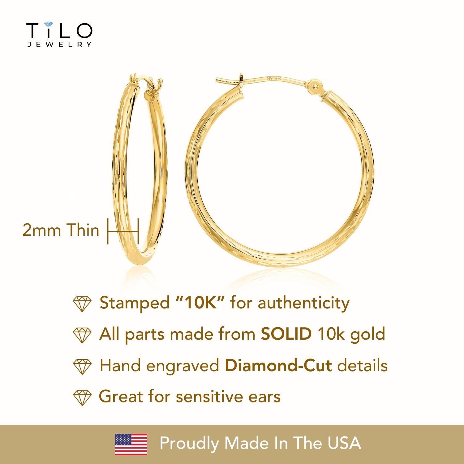 10K Real Solid Gold Hand Engraved Full Diamond-Cut Round Hoop Earrings All Sizes