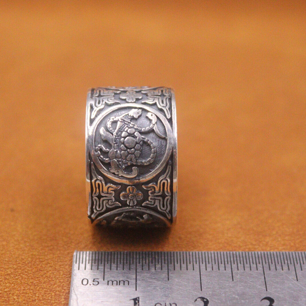 Real 999 Pure Silver Ring Men Chinese Four Great Divine Beasts Band Ring US 10