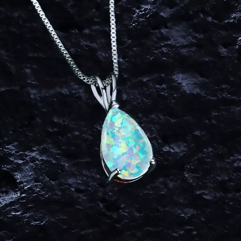 Teardrop White Fire Opal Pendant Sterling Silver Minimalist Dainty Necklace Gift