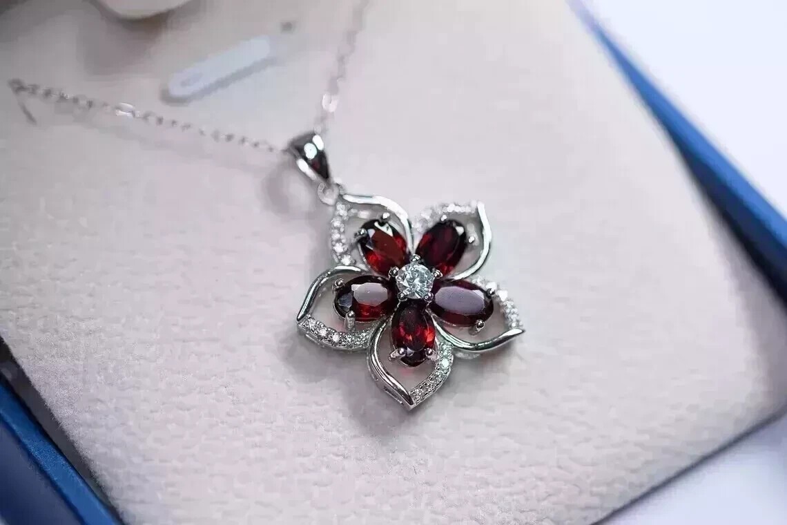 14K White Gold Plated In 2Ct Oval Cut Beauty Flower Pendant Simulated Red Garnet