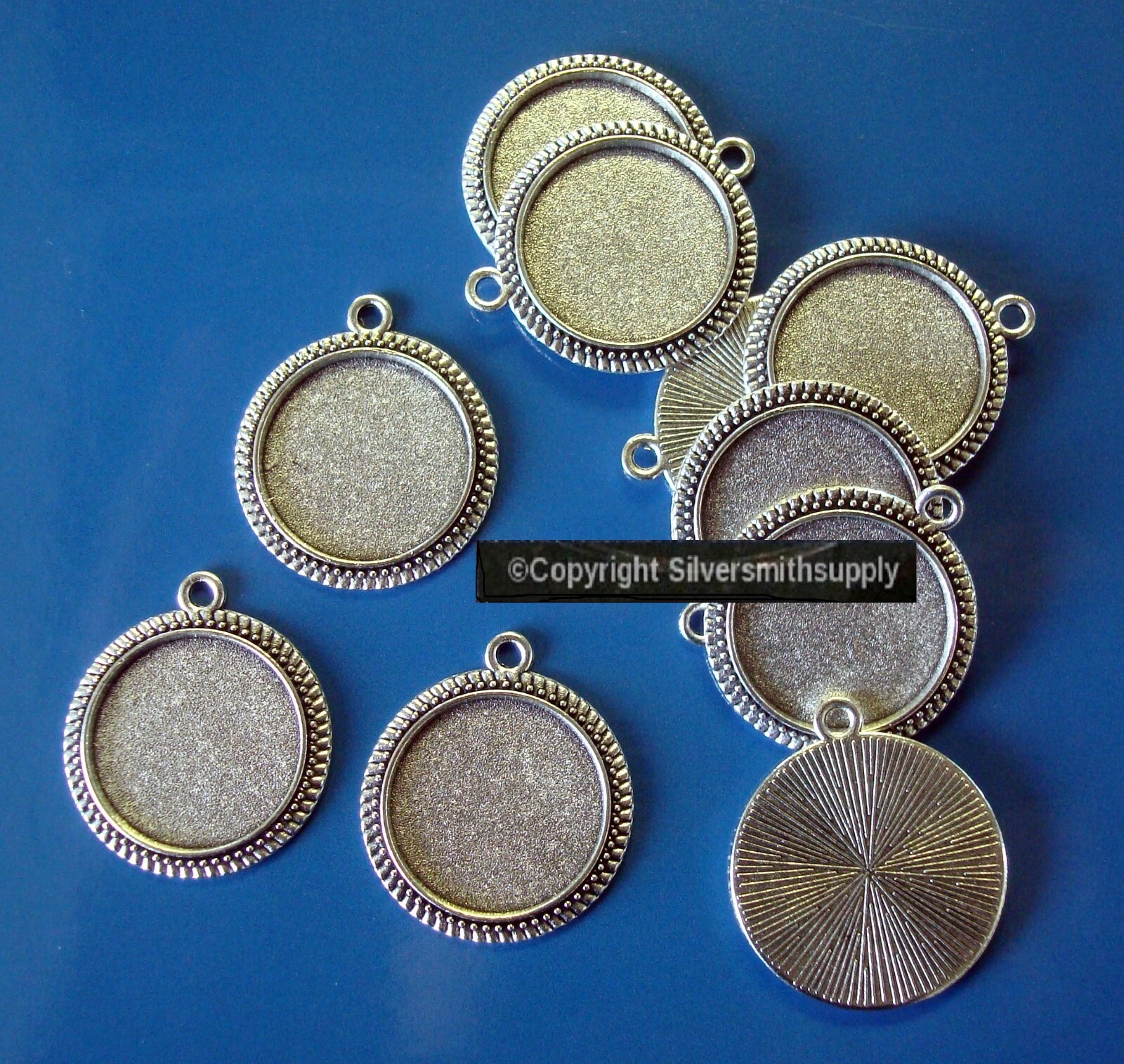 10 Bezel cup tray settings Silver pl holds 20mm cabochon bailed pendants FPP003B