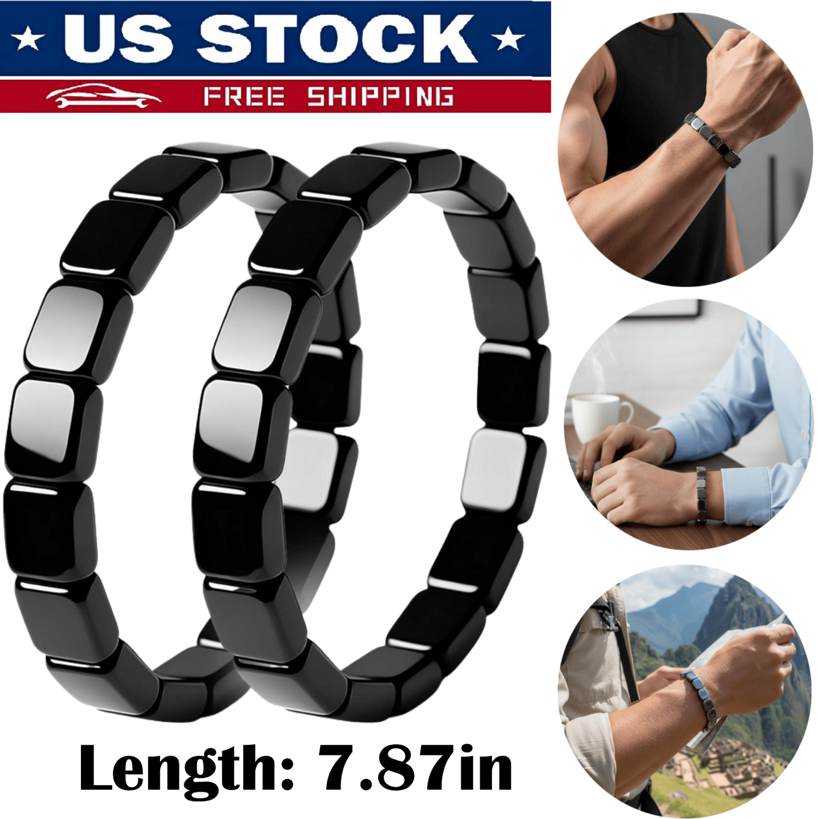 2Pcs Hematite Bracelet for Men Natural Black Energy Healing Reiki Bracelet Gift