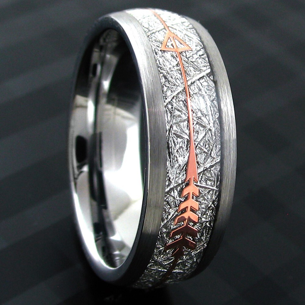 6/8mm Tungsten Meteorite & Rose Gold Plated Arrow Band Ring-Engraving Avail.