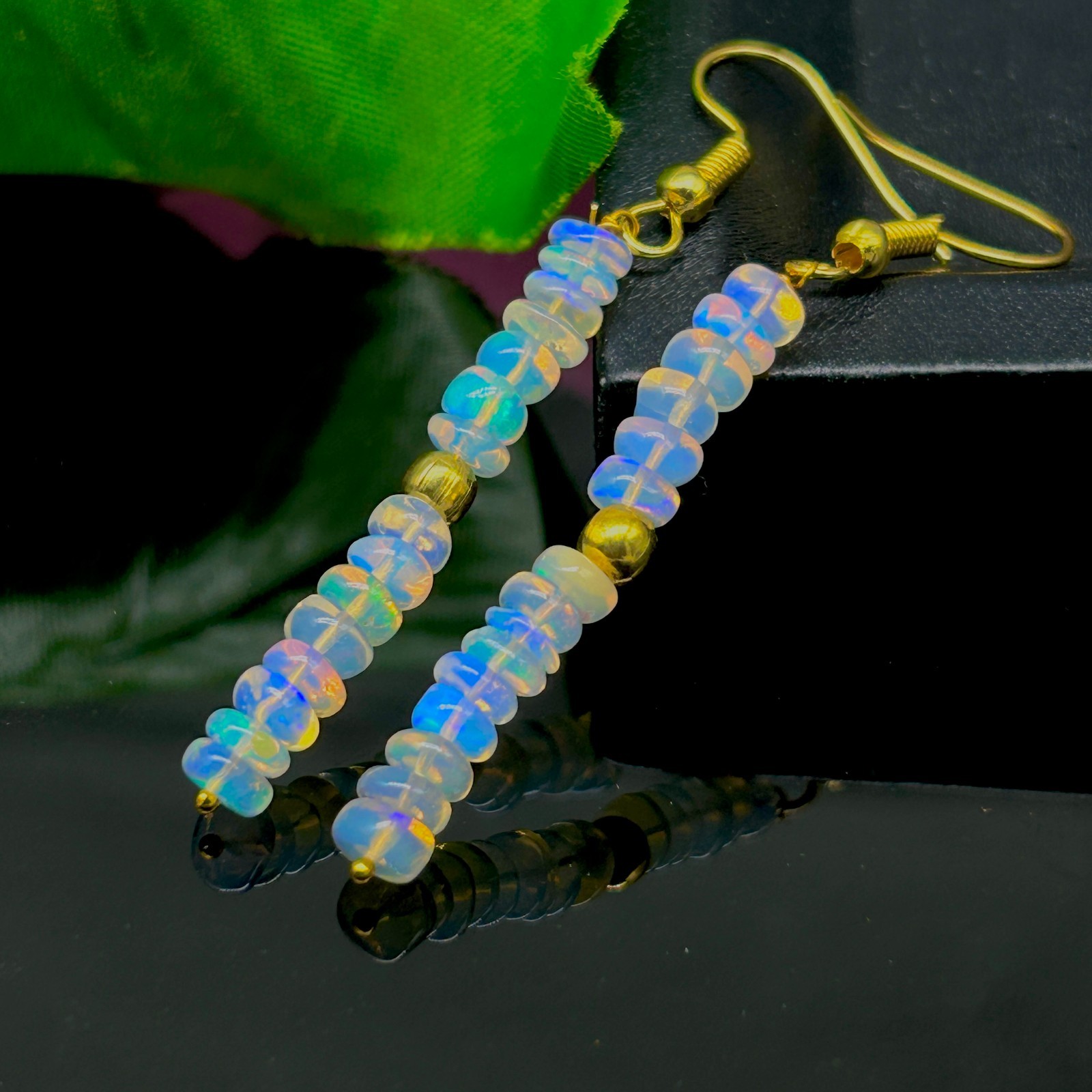 Multifire White Opal Beads Dangle Earrings, AAA+ Opal Gemstone Gold Earrings