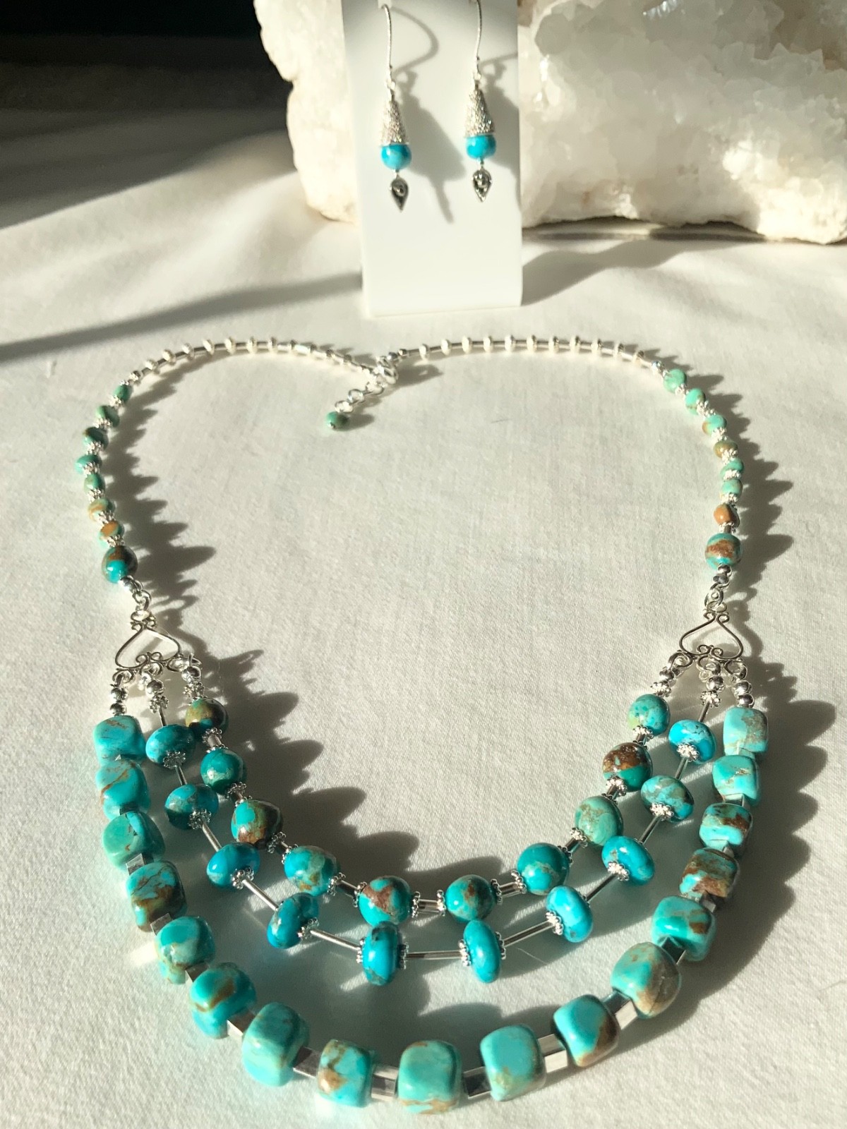 SS .925 BLUE KINGMAN TURQUOISE NECKLACE 3 STRANDS & EARRINGS SET