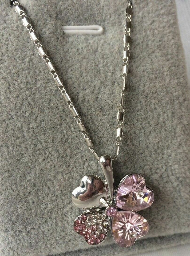 Silver Plated Pink Crystal Heart Clover Necklace