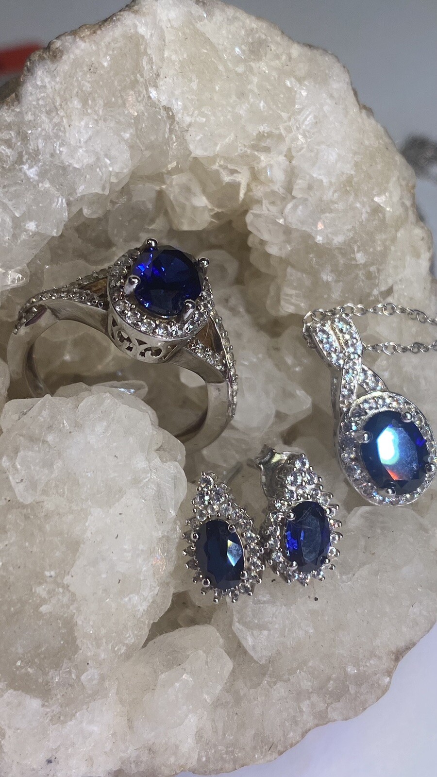 Blue And White Shapphire Sterling Sliver Pendant Necklace 18” Earrings Ring Sz 7