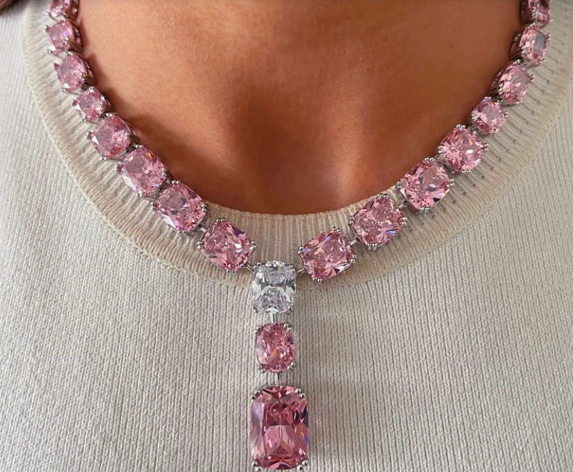 20+ Ct Certified Treated Gorgeous Pink Diamond Necklace & Earrings Set In 925