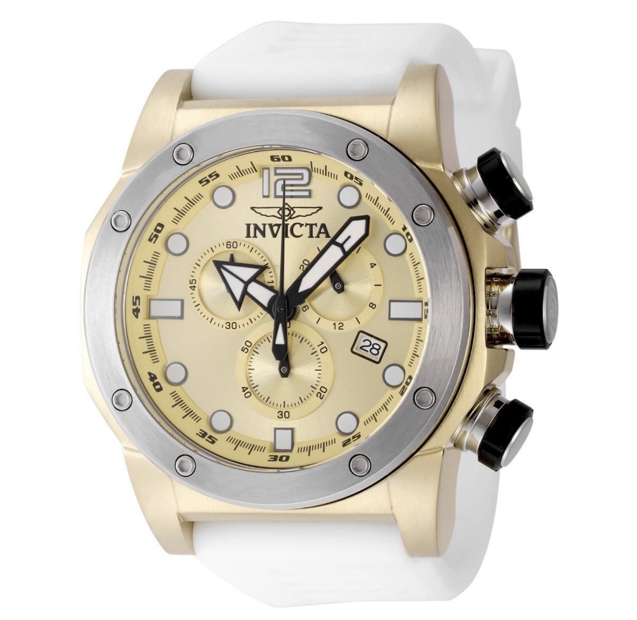 🔥Invicta Sea Hunter 52mm Gold Chronograph Dial White Silicone Strap Men’s 48976