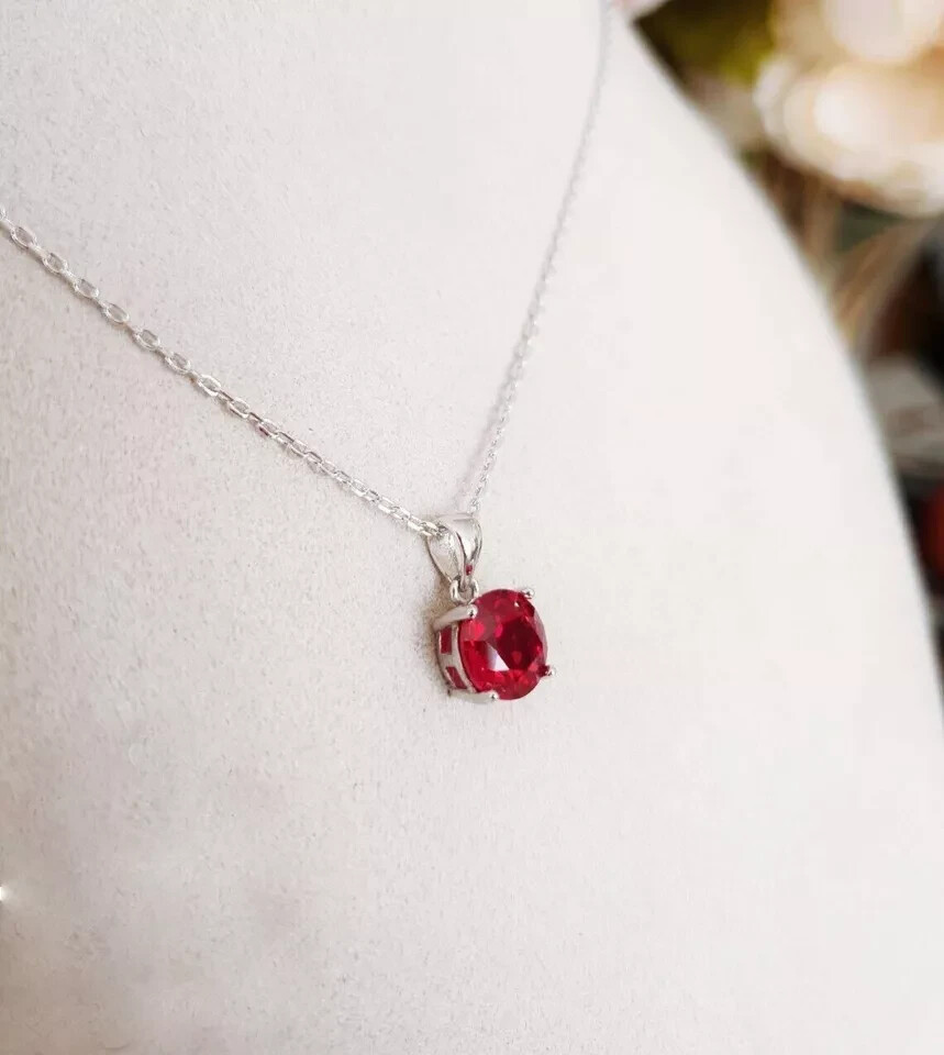 2 CT Round Cut Solitaire Red Ruby Pendant With Free Chain 14K White Gold F