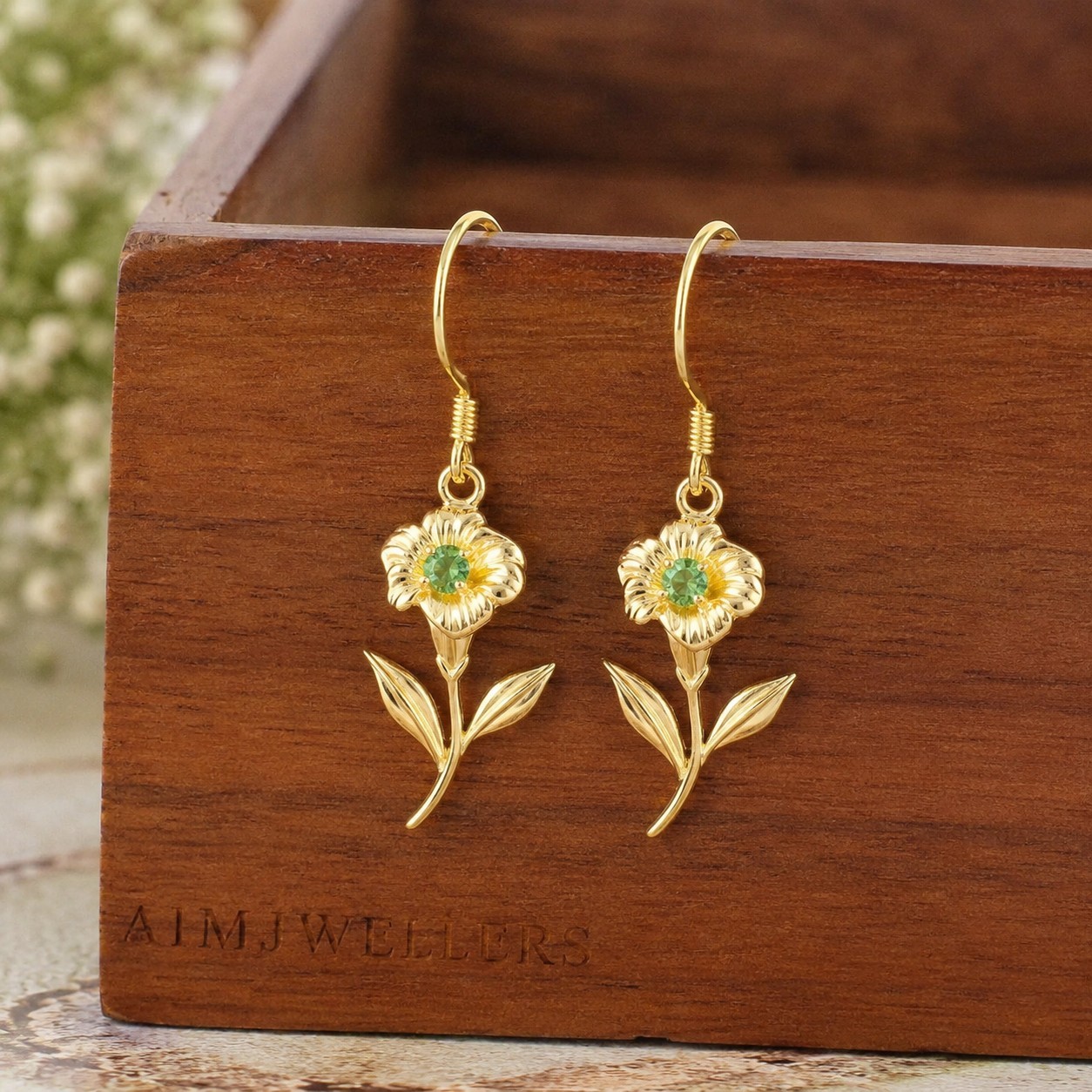 Natural Zambia Emerald Flower Earrings, Sterling Silver Dangle Botanical Jewelry