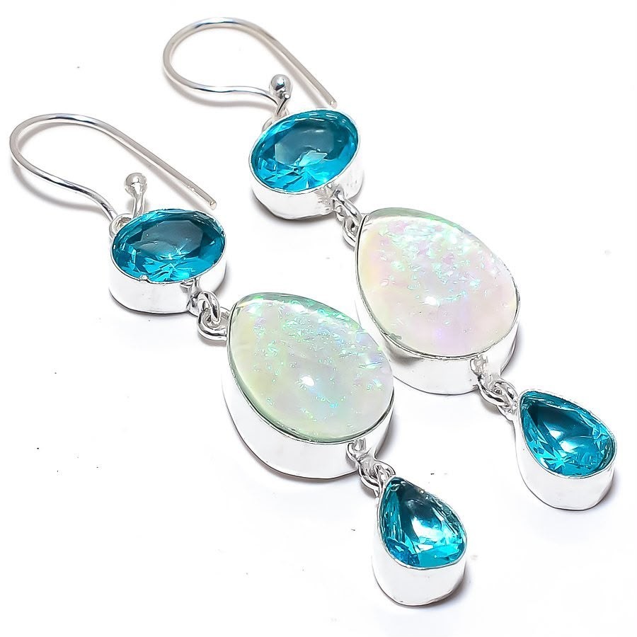 Blue Topaz Opal Earrings 925 Sterling Silver Handmade Dangle Gift for Her