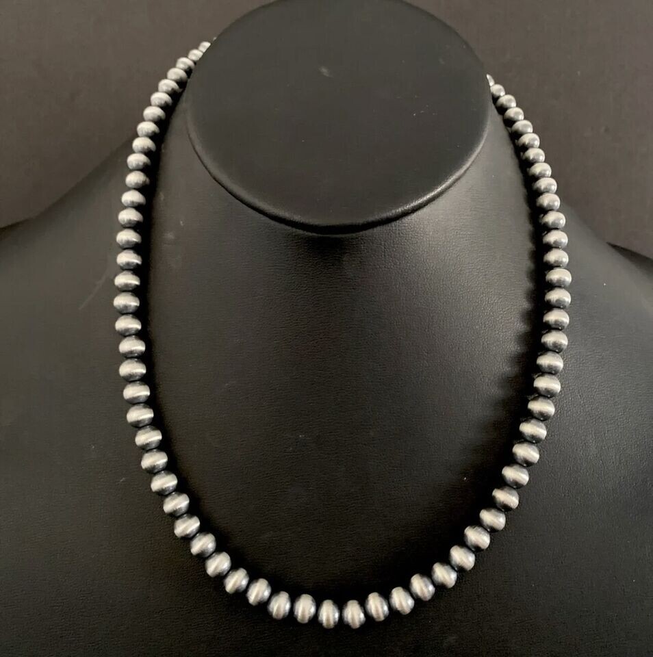 7mm 30 Inch 925 Sterling Silver Oxidized Pearls Bead Necklace Southwestern