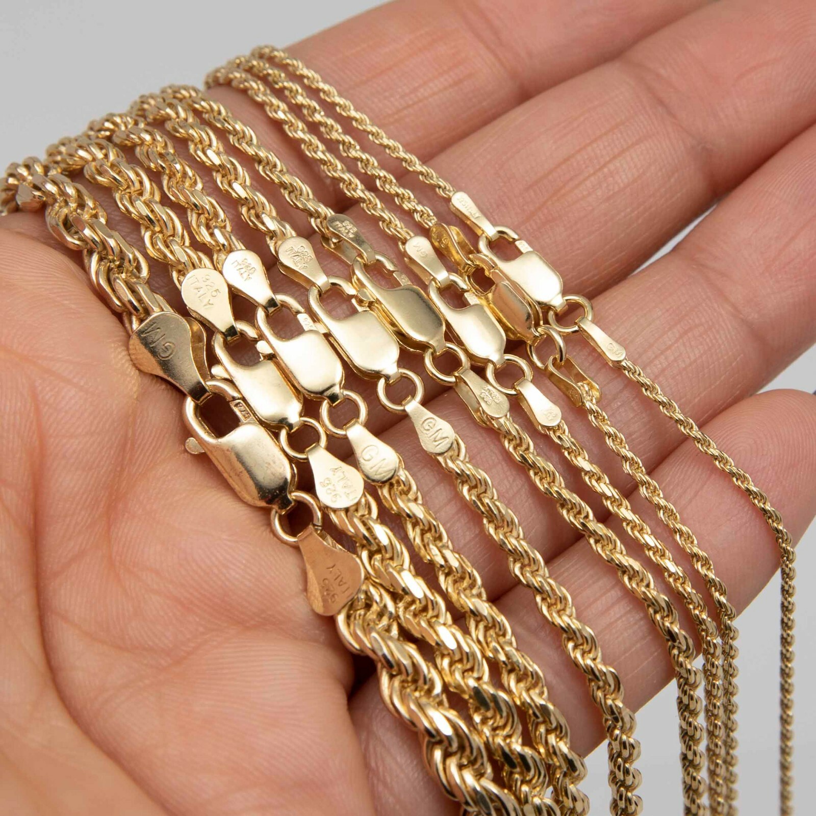Rope Chain 14K Yellow Gold-Plated Solid Sterling Silver 925 All Sizes