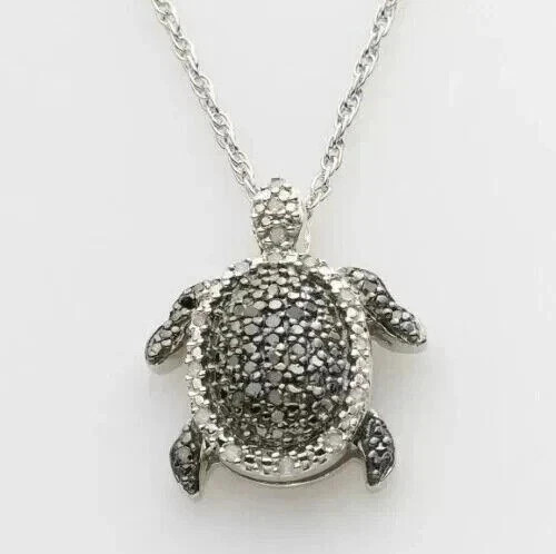 2.00CT Round Cut Lab Created Black Diamond Turtle Pendant 14K White Gold Plated