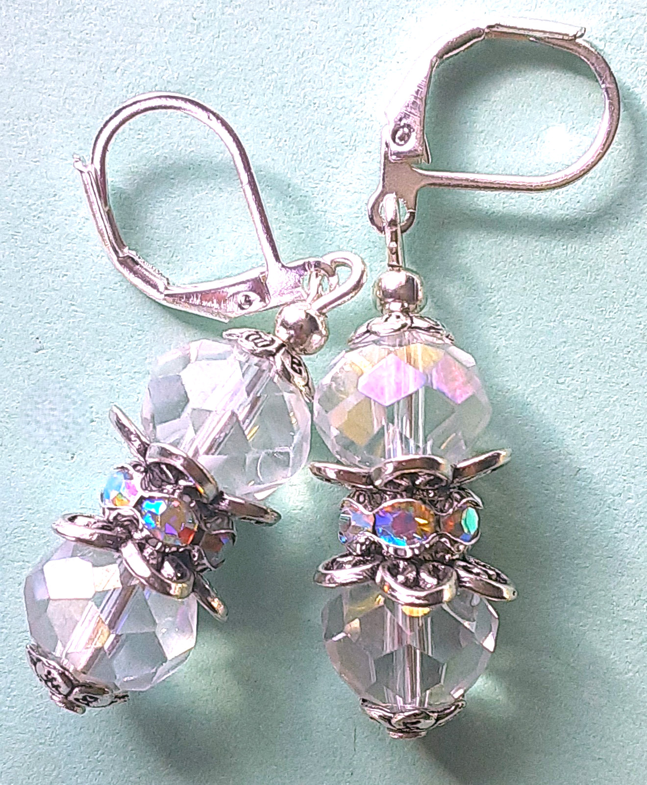 CLEAR Faceted CRYSTALS AB CRYSTAL RING earring SP LEVERBACK artisan #N25