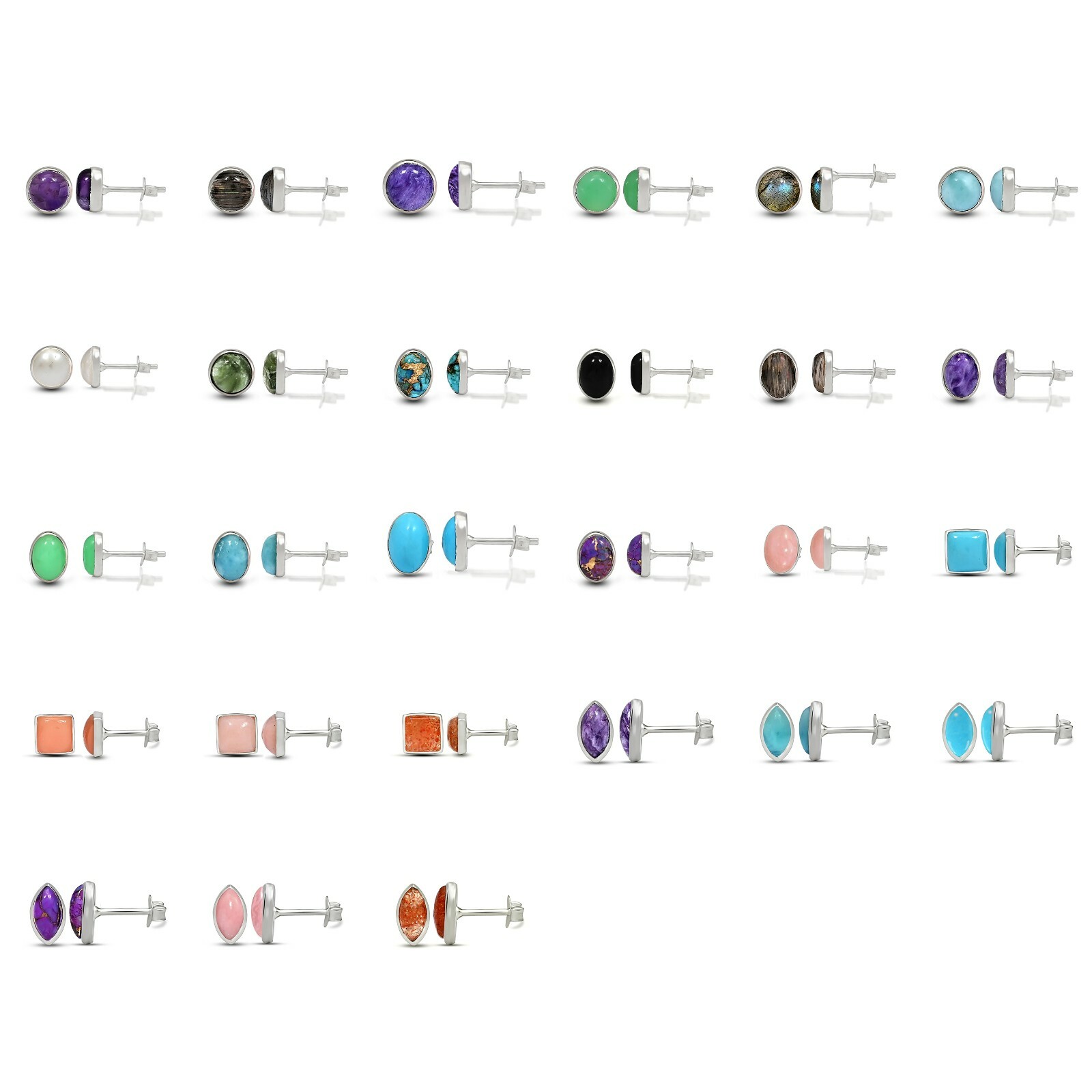 Larimar Labradorite Amethyst Sunstone Charoite 925 Sterling Silver Stud Earrings