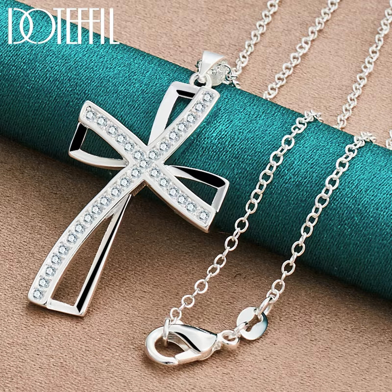 925 Sterling Silver 16-30 Inch Chain Cross AAA Zircon Pendant Necklace for Woman