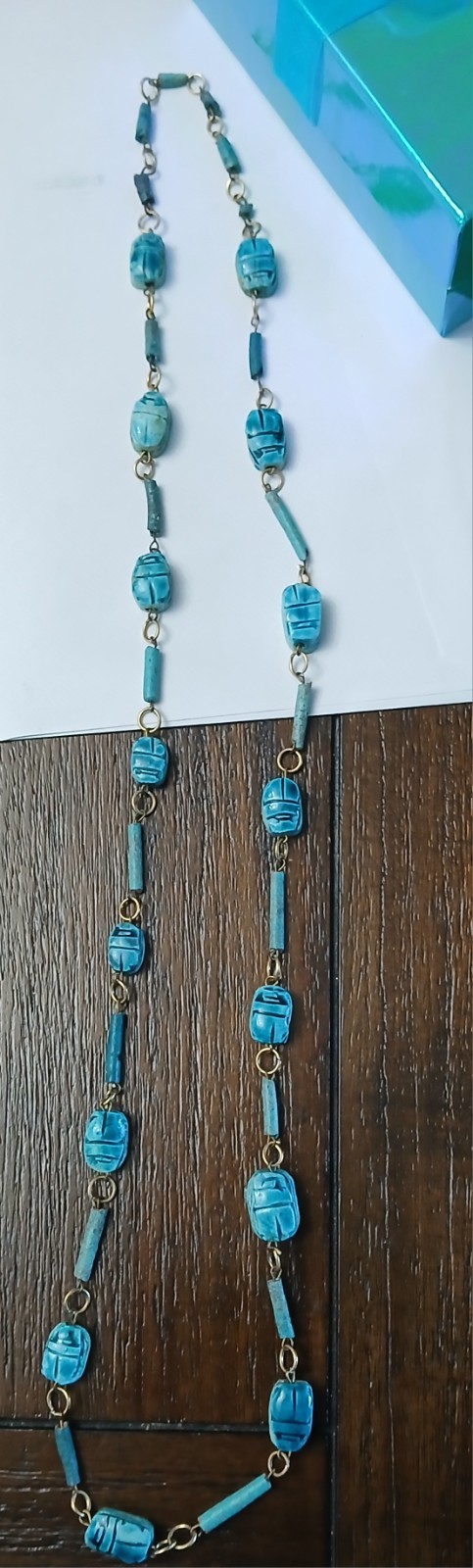 Vintage Hand Carved Faience Scarab Necklace Egyptian Revival Turquoise Glaze