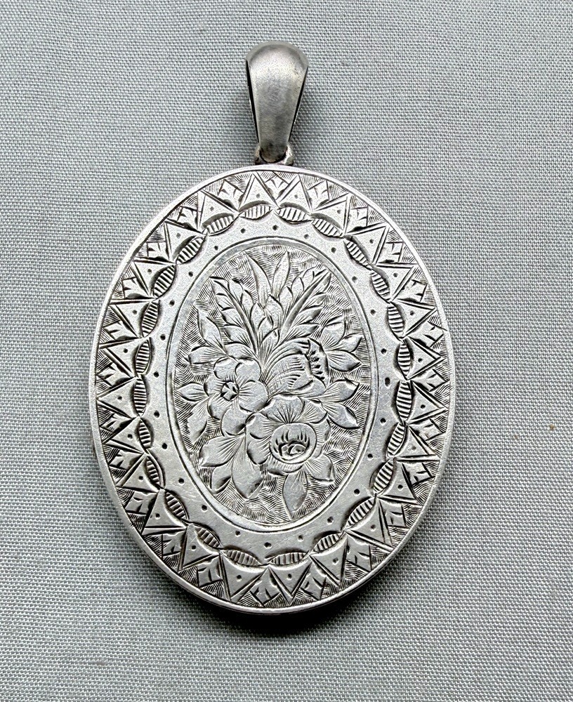 Victorian Sterling Silver Locket Hand Engraved Double Sided Floral Antique 1879