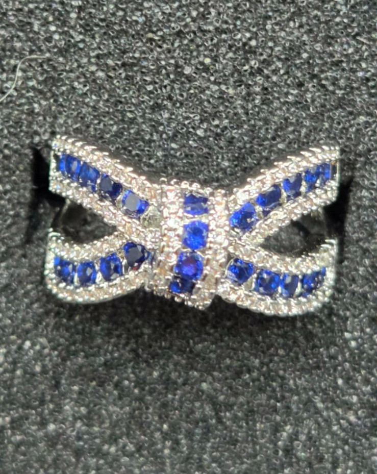 Blue Sapphire CZ Silver Tone Bow Knot Crossover Cocktail Statement Ring