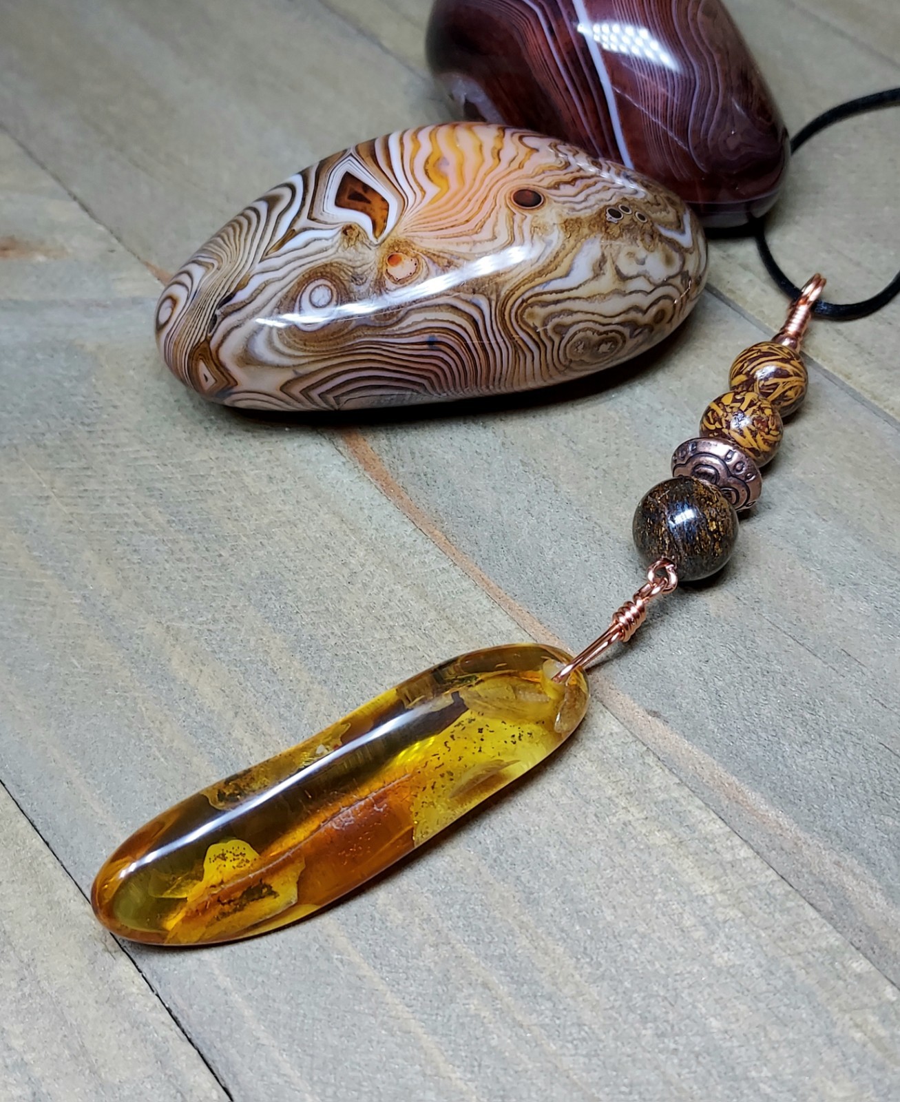 Baltic Amber Long Pendant With Brown Gemstones In Copper Artistic Hand Polished