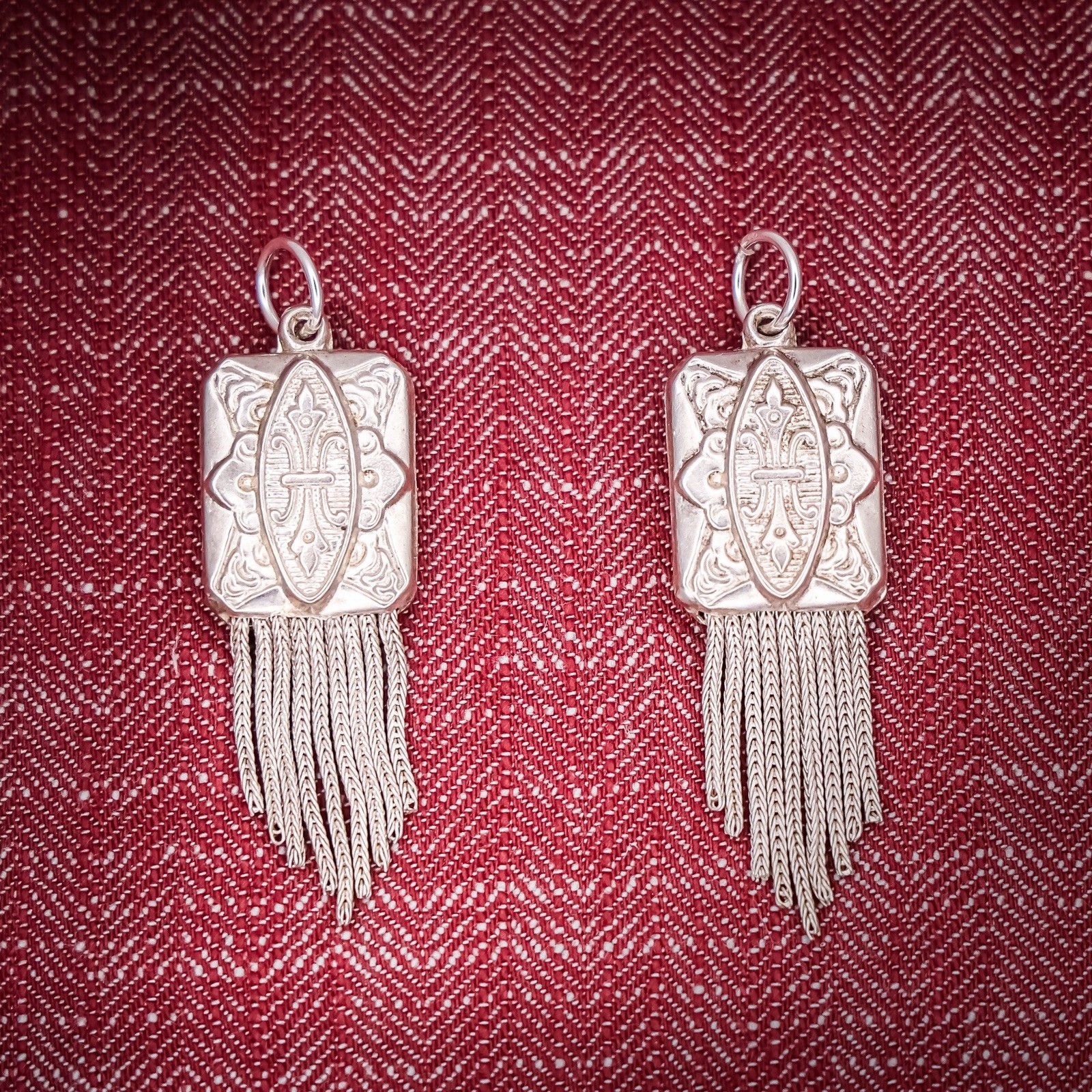 Antique French Puffy Rectangle Tassel Charm Sterling Silver Die Struck 19th