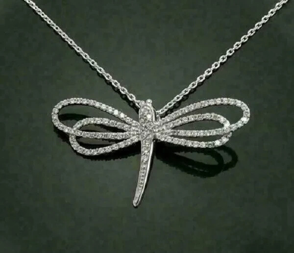 Pretty 1.20Ct Round Cut Diamond Dragonfly Pendant 14K White Gold Over Free chain