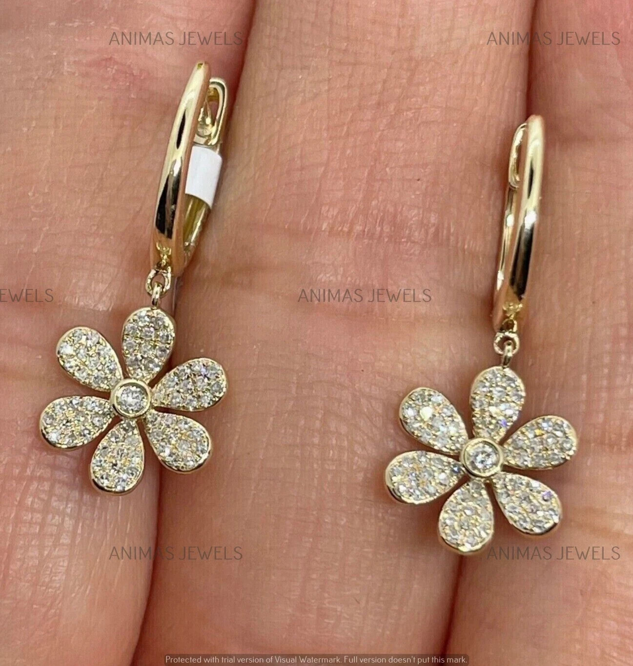 1 CT Round Real Moissanite Flower Drop & Dangle Earrings 14K Yellow Gold Plated