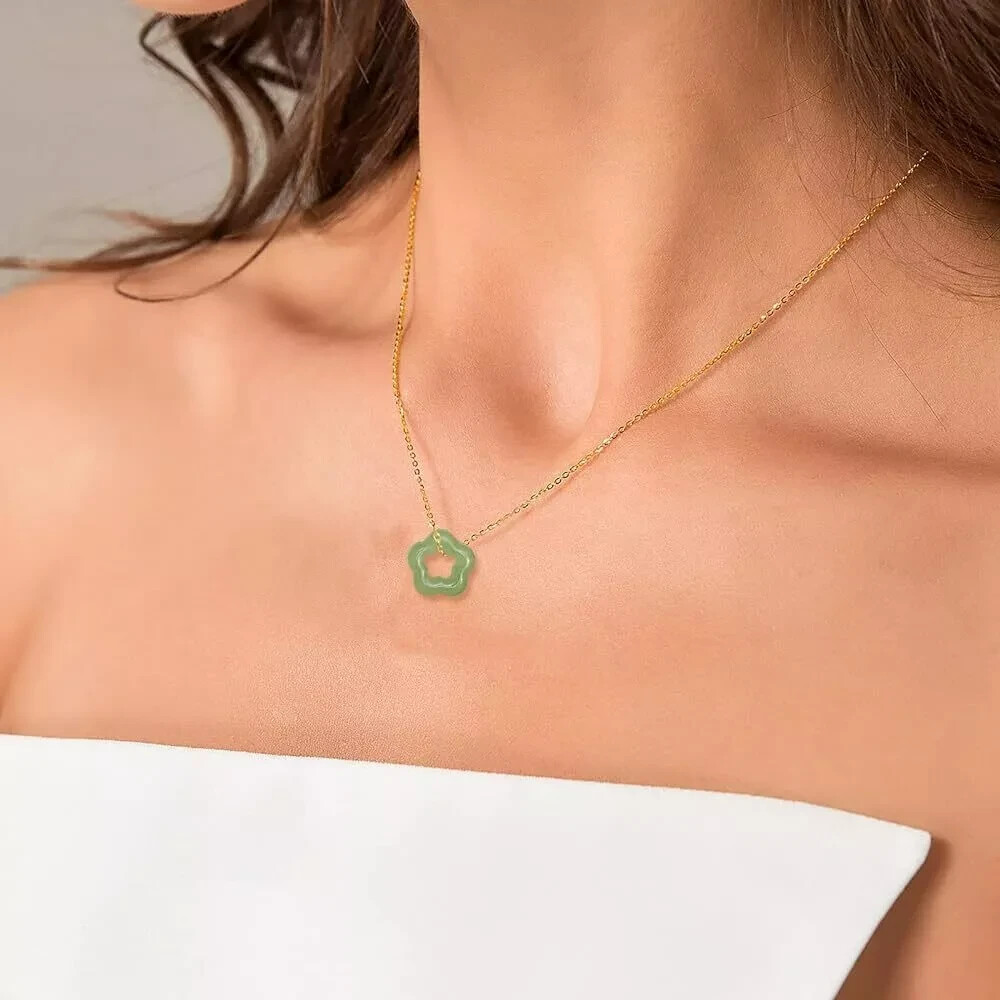 Green Jade Stone Flower Pendant Choker Crystal Healing Minimalist Necklace Gift
