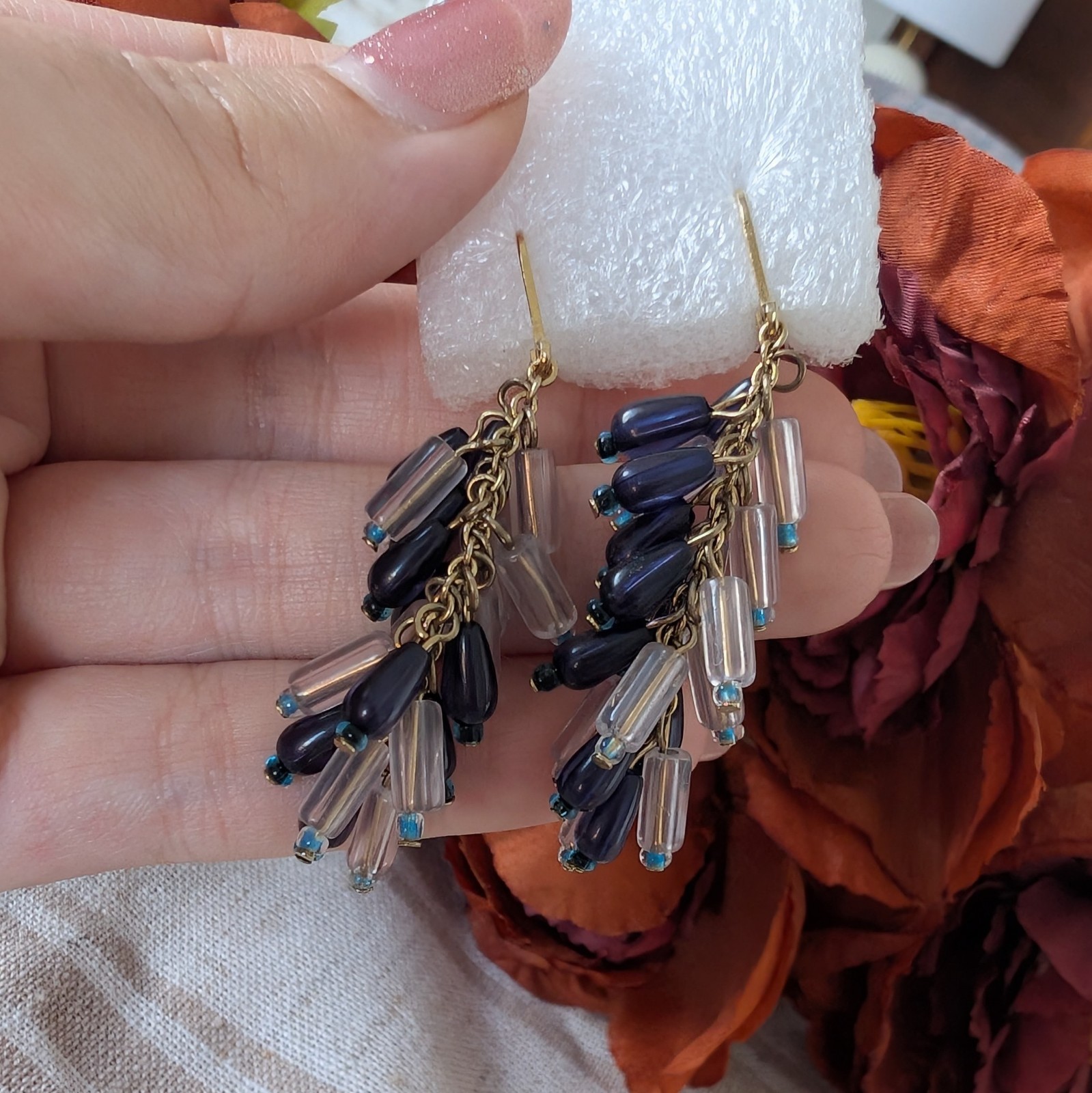 Blue Beaded Dangle Earrings Euro Vintage Golden Metal