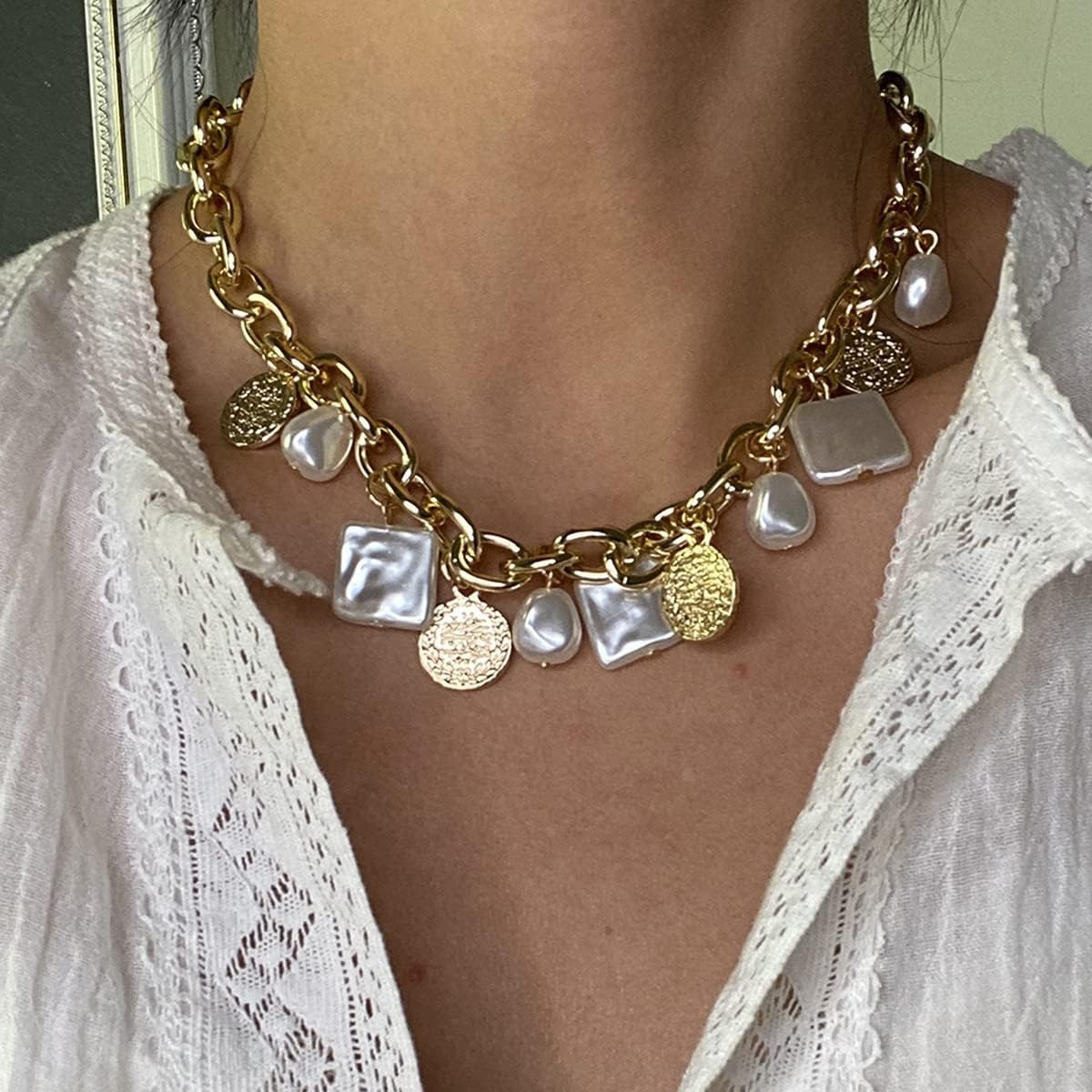 Punk Cuban Link Chain Choker Necklace with Irregular Pearl Coin Tassel Carved