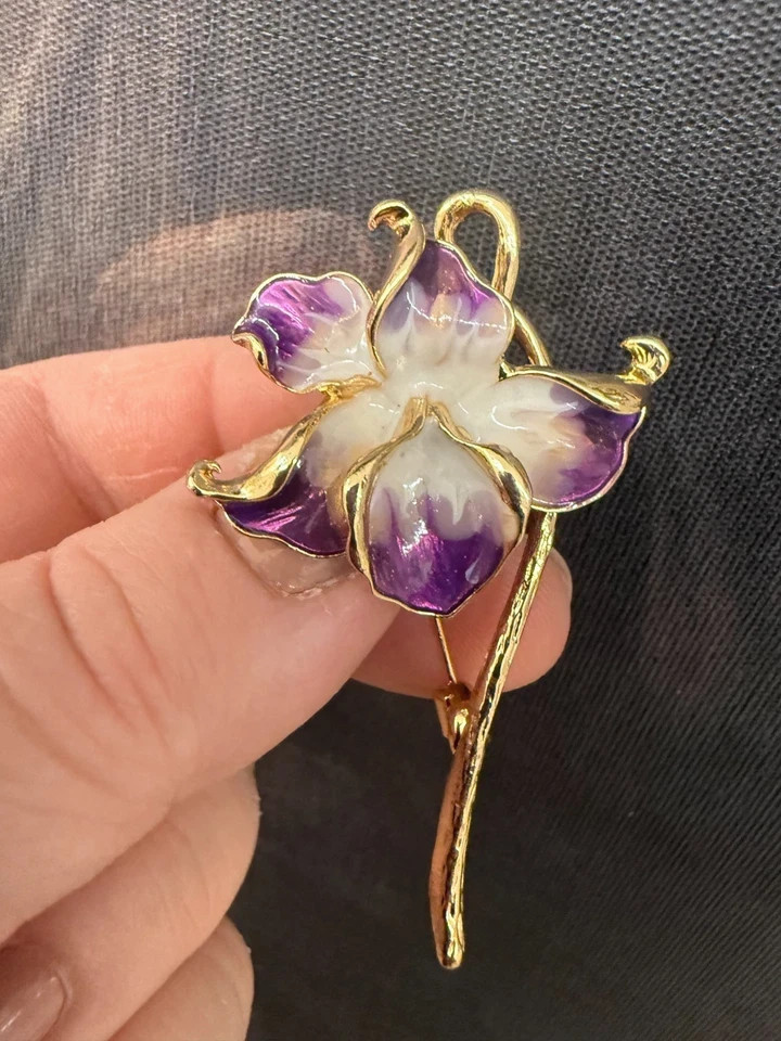 New Orchid Enamel Flower Brooch, 2.28-Inch, 14K Gold‑Plated Pin
