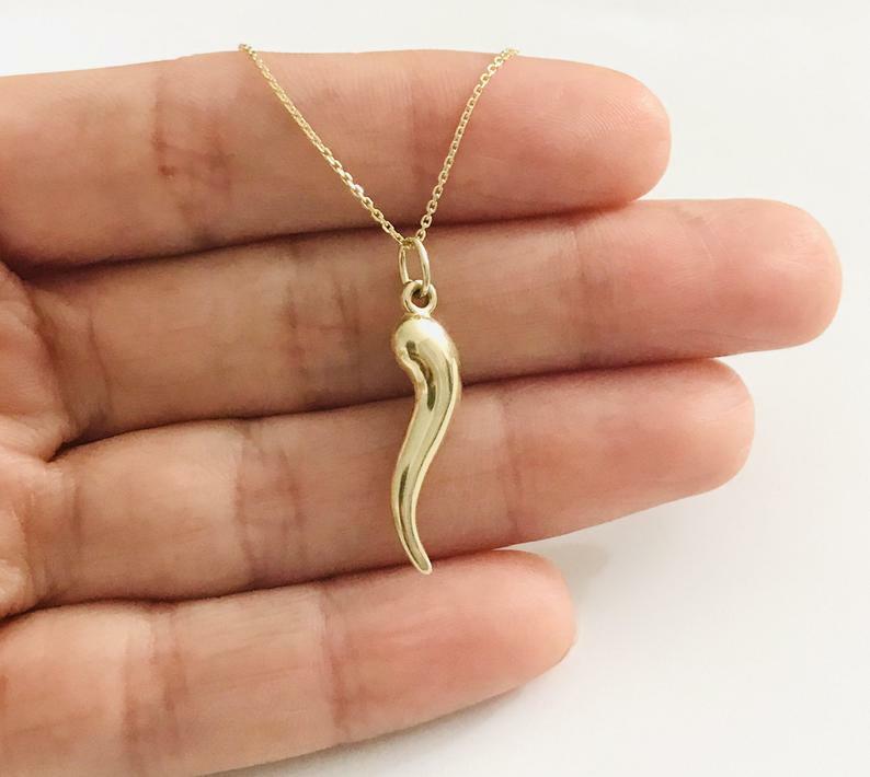 10K Real Gold Italian Cornicello 27mm 1.06″ Horn Pendant, Chili Necklace- C3040