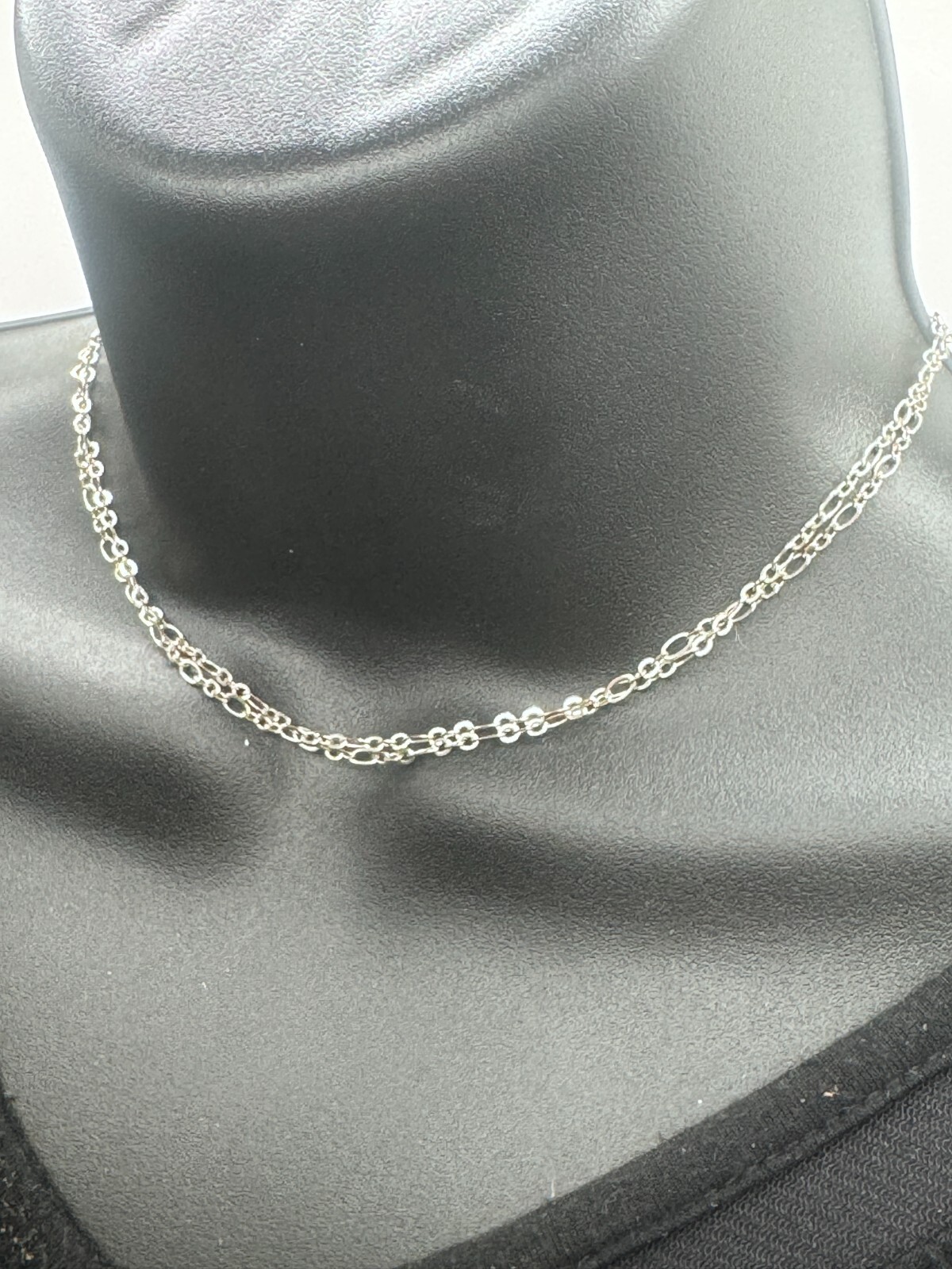 Simple Silver Tone Two Stranded Choker Necklace 28″ Cable Variation Link Chain