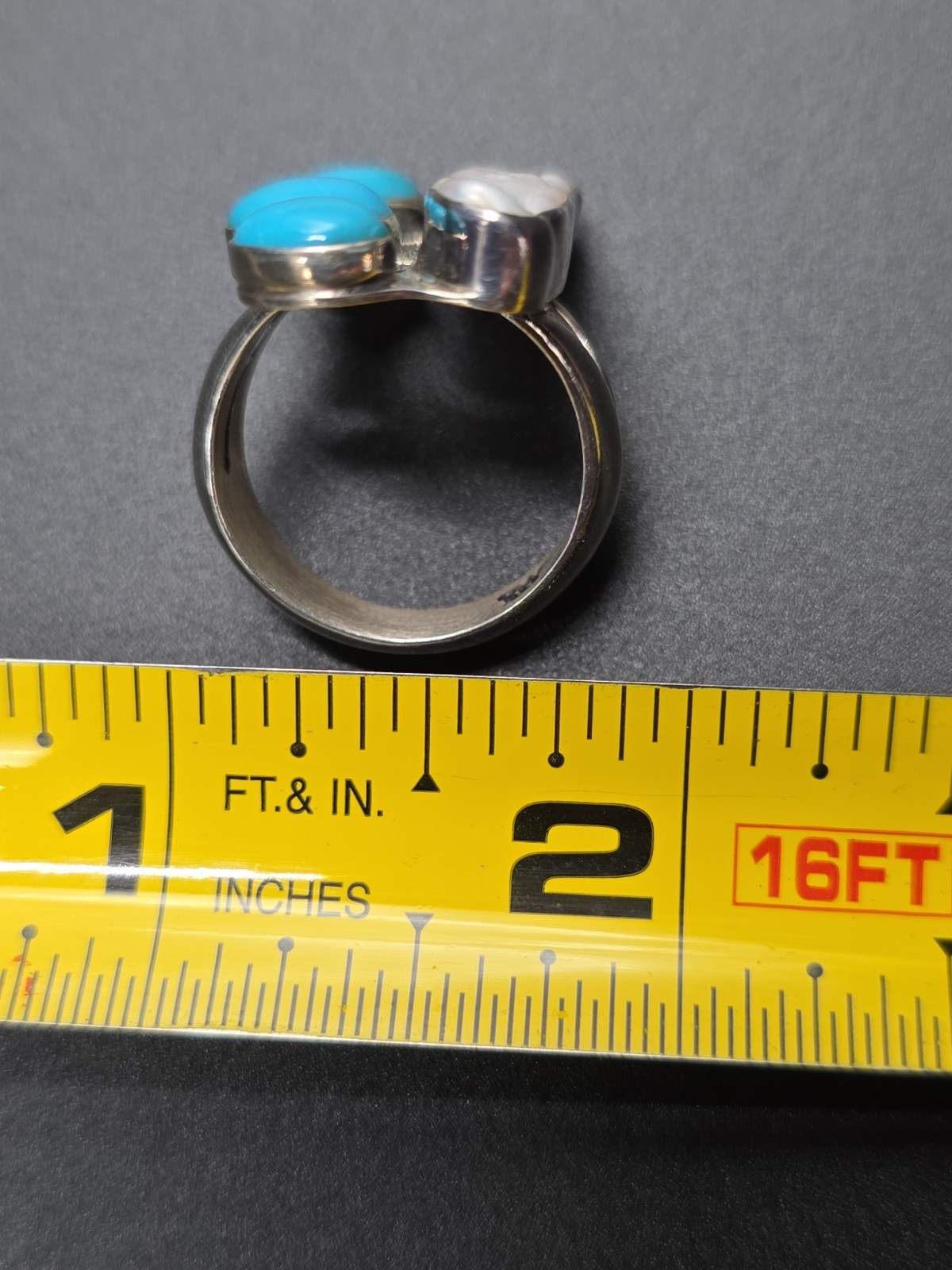🔥VTG Native American Style Sterling Sliver Turquoise And Mother Of Pearl Ring