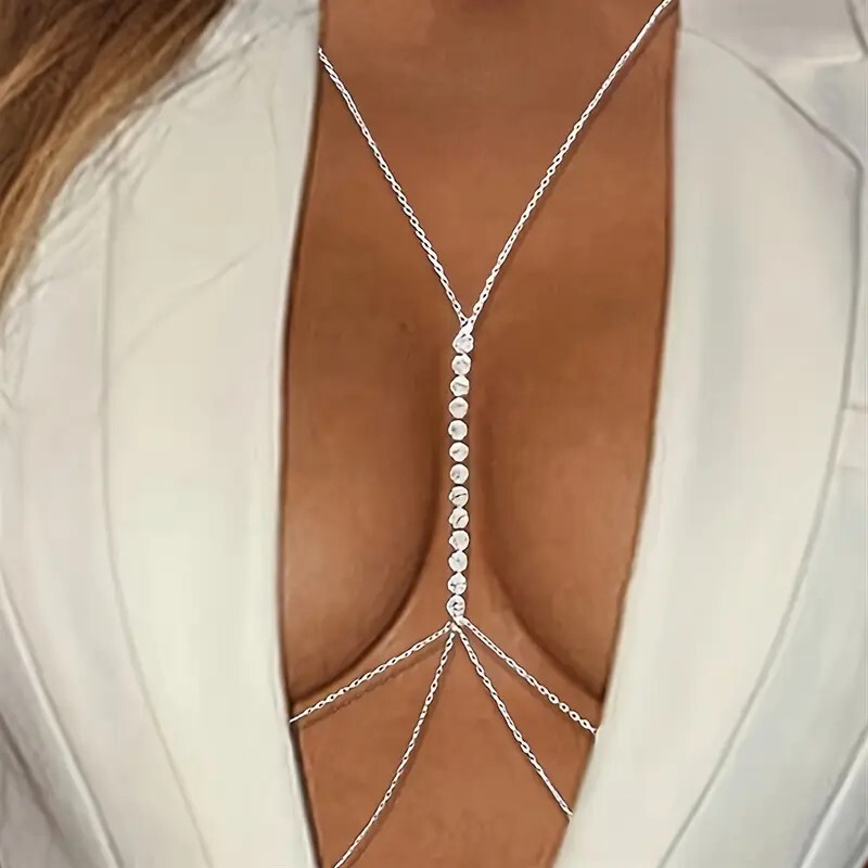 Sexy Silver Rhinestone Body Chain Necklace Crystal Bikini Jewelry for Women