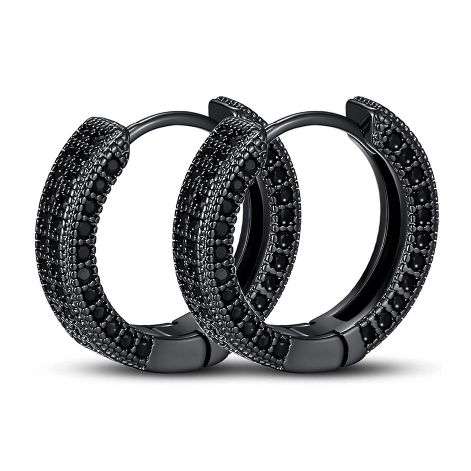 Black Plated Mens Sterling Silver Fully Iced Black Onyx Cz Hoop Earrings