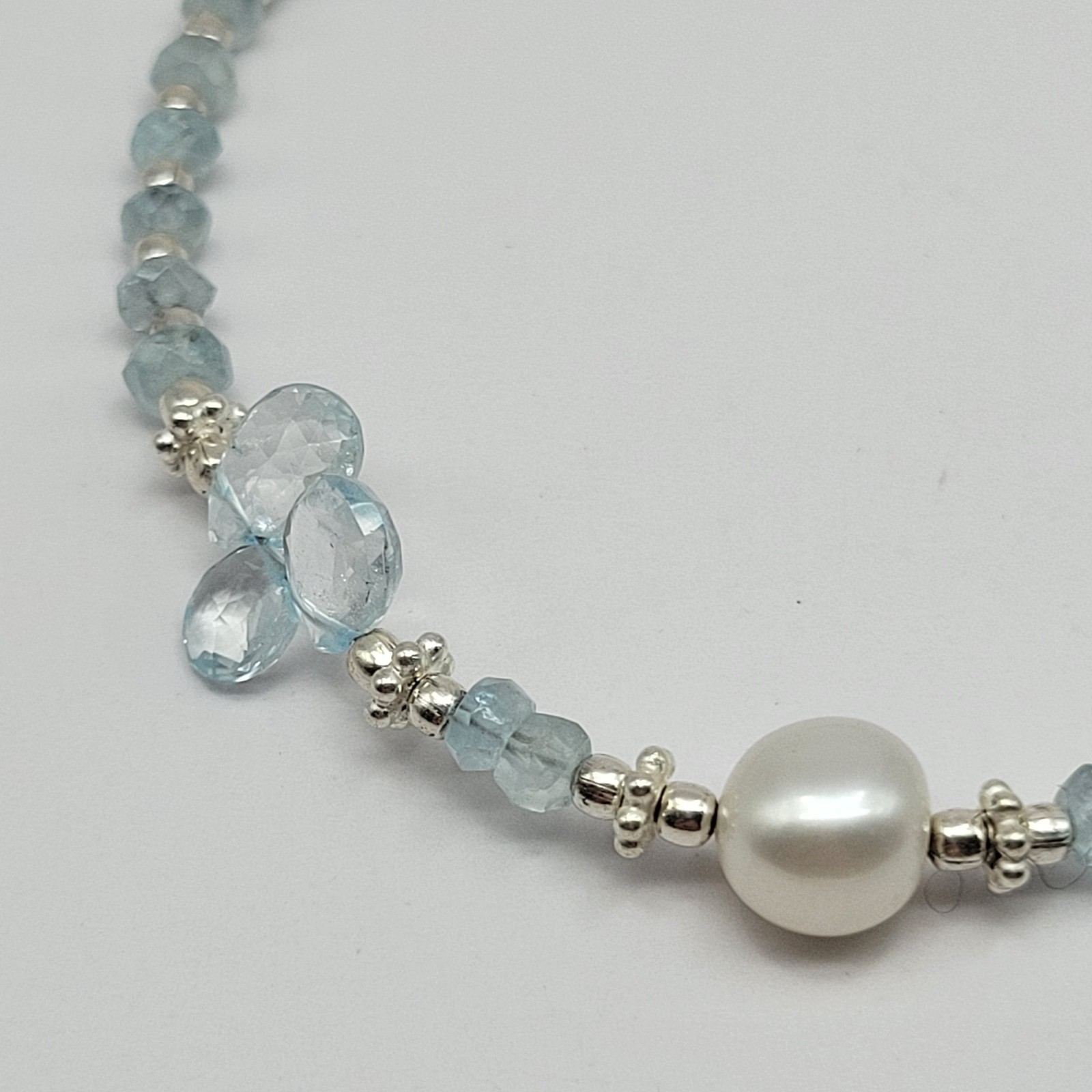 Sterling Silver 7.5mm Pearl Briolette Aquamarine Bracelet or Anklet ~ 9.5″