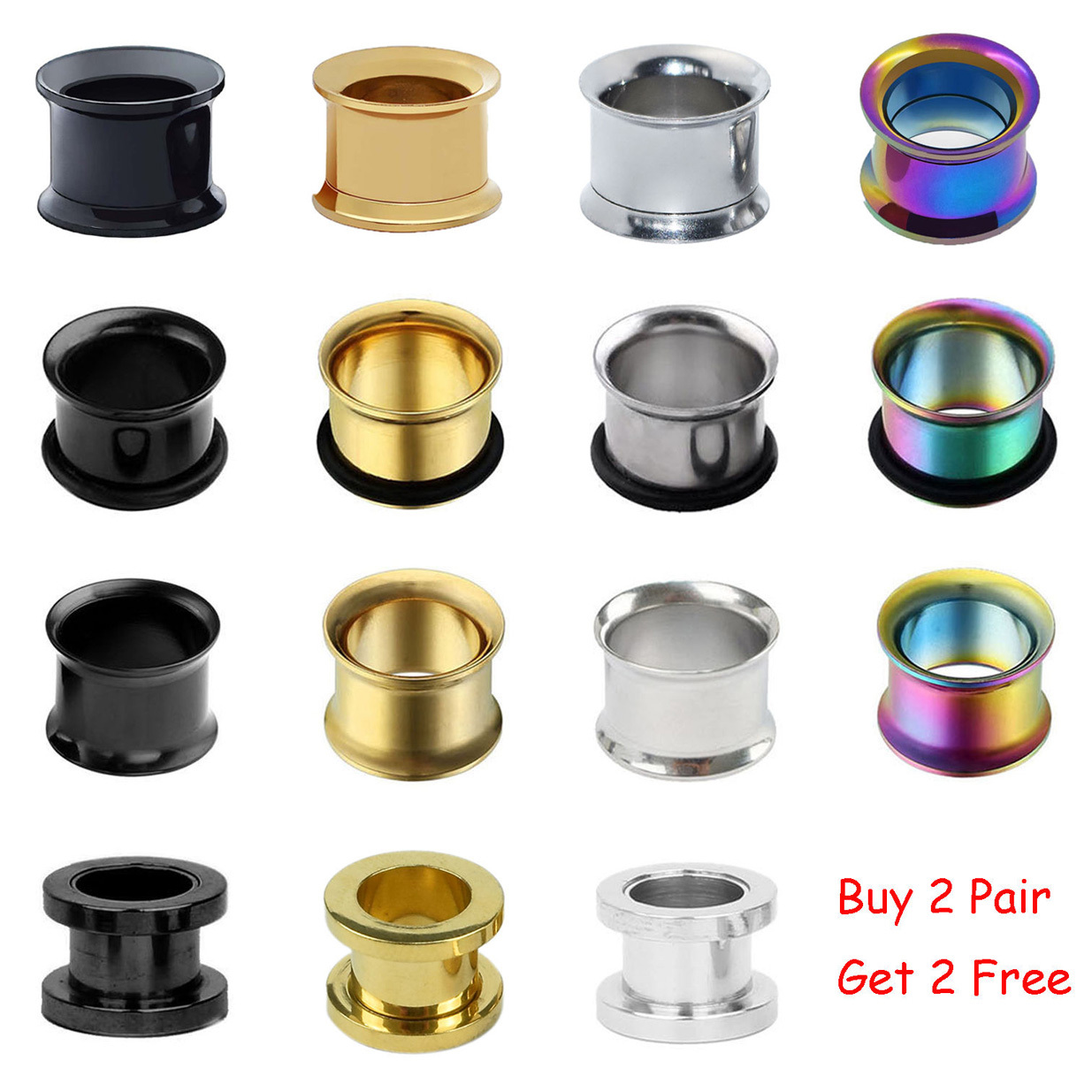 PAIR Mix Style Surgical Steel Screw & Flared Tunnels Ear Gauge Plugs Piercing