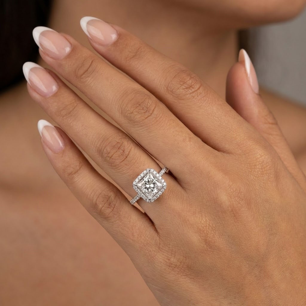 Engagement Ring 18K White Gold Halo 1.82 Carat Princess Lab-Grown Diamond D VS2
