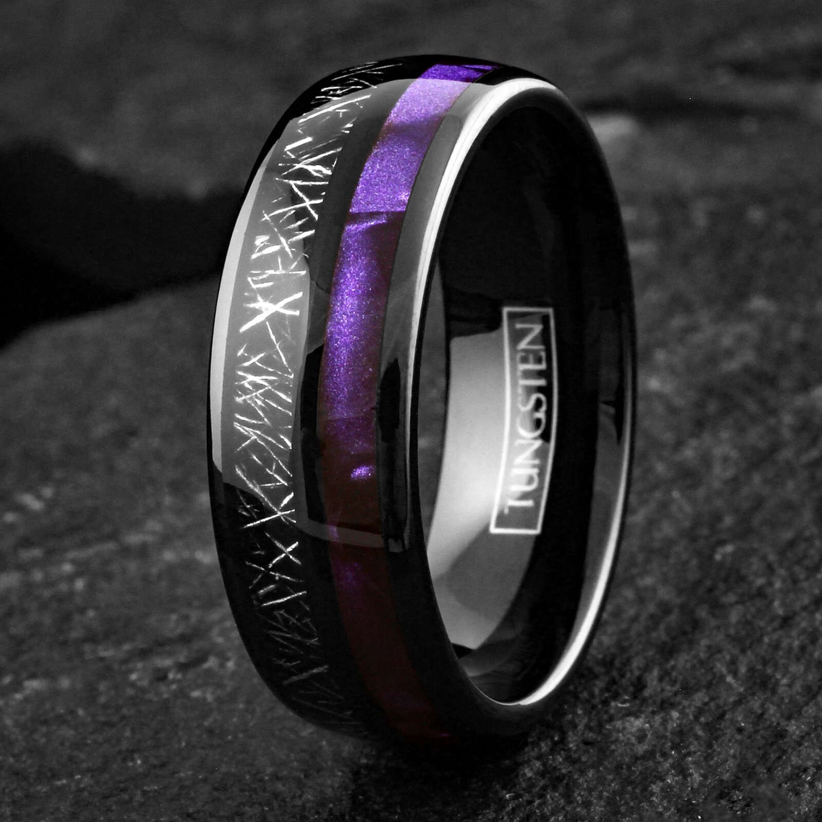 Black Tungsten Carbide Ring Purple Shell and Faux Meteorite Stripe Wedding Band