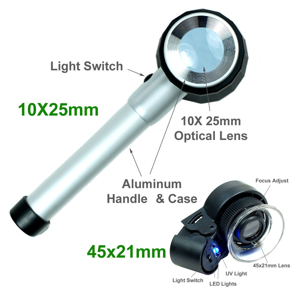 High Quality 10X Optical glass Lighted Magnifier 45X Jewelers Loupe with LED UV