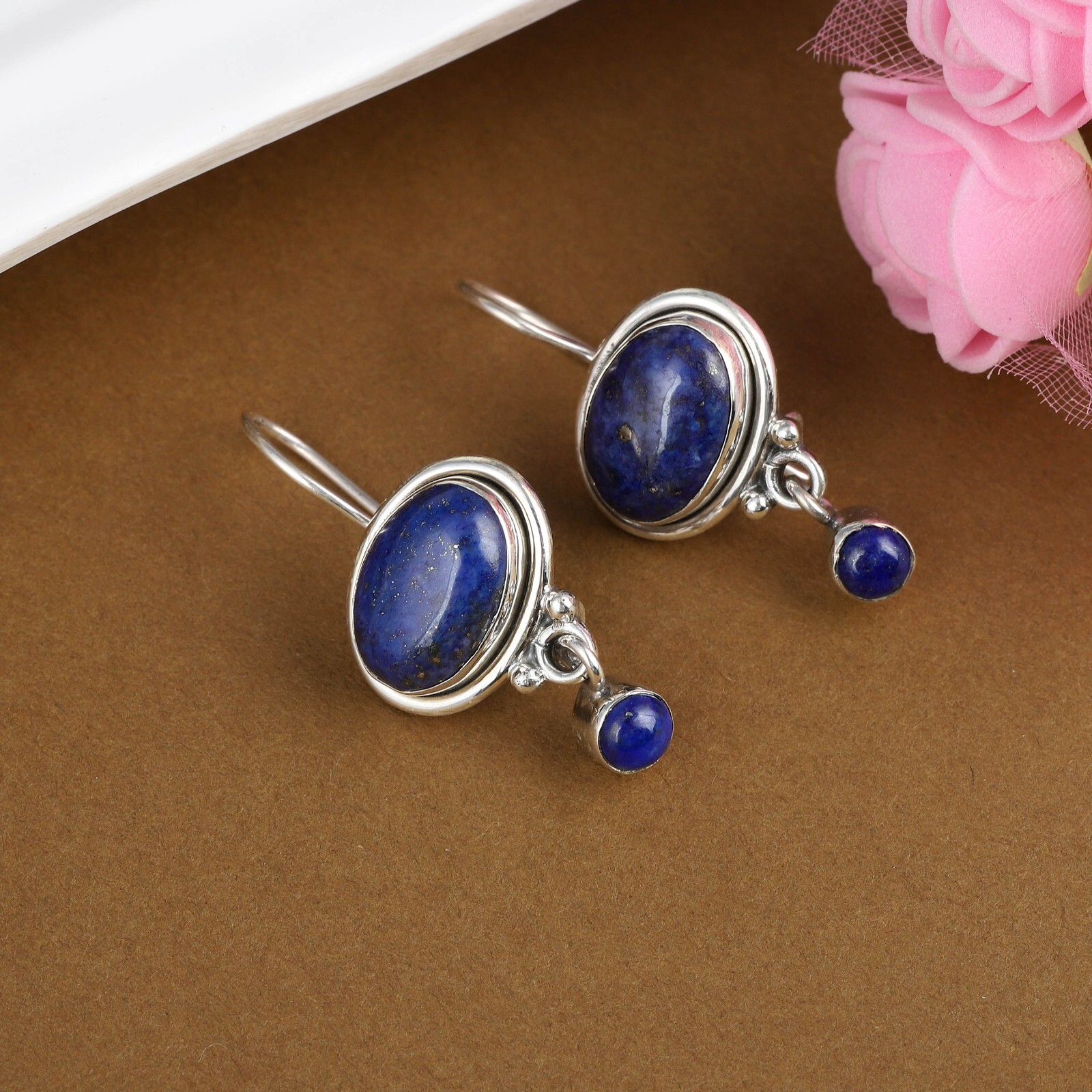 925 Sterling Silver Handmade Silver Earrings Natural Lapis Lazuli Stone Earrings