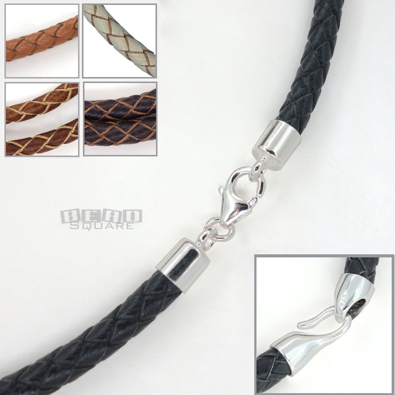 .925 Sterling Silver 5mm Round Braided Genuine Leather Cord Necklace / Bracelet