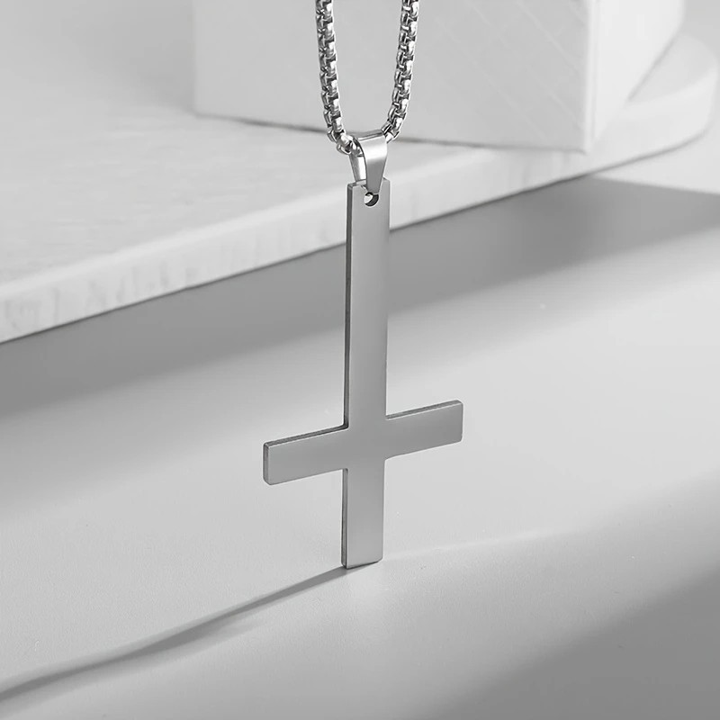 Silver Saint Peter’s Cross Necklace Inverted Stainless Steel Pendant Punk Goth