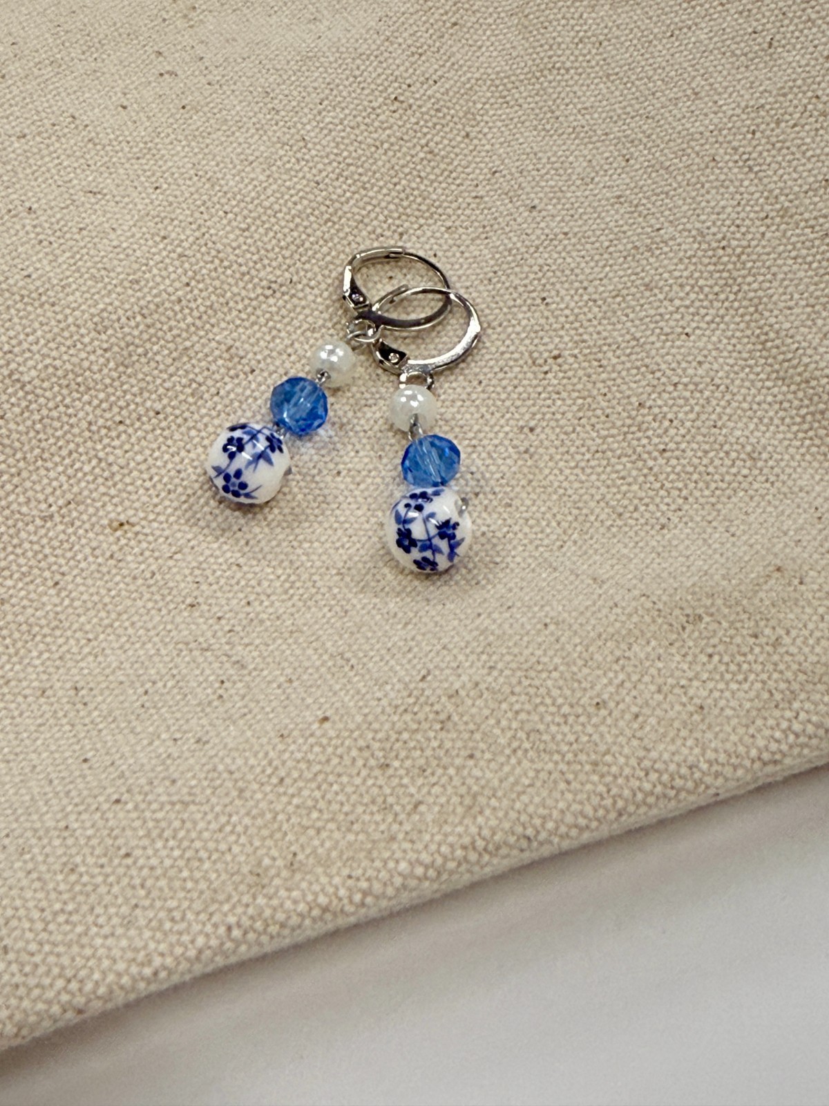 NEW Blue White Ceramic Round Bead & Silver Color Drop Earrings – Handcrafted