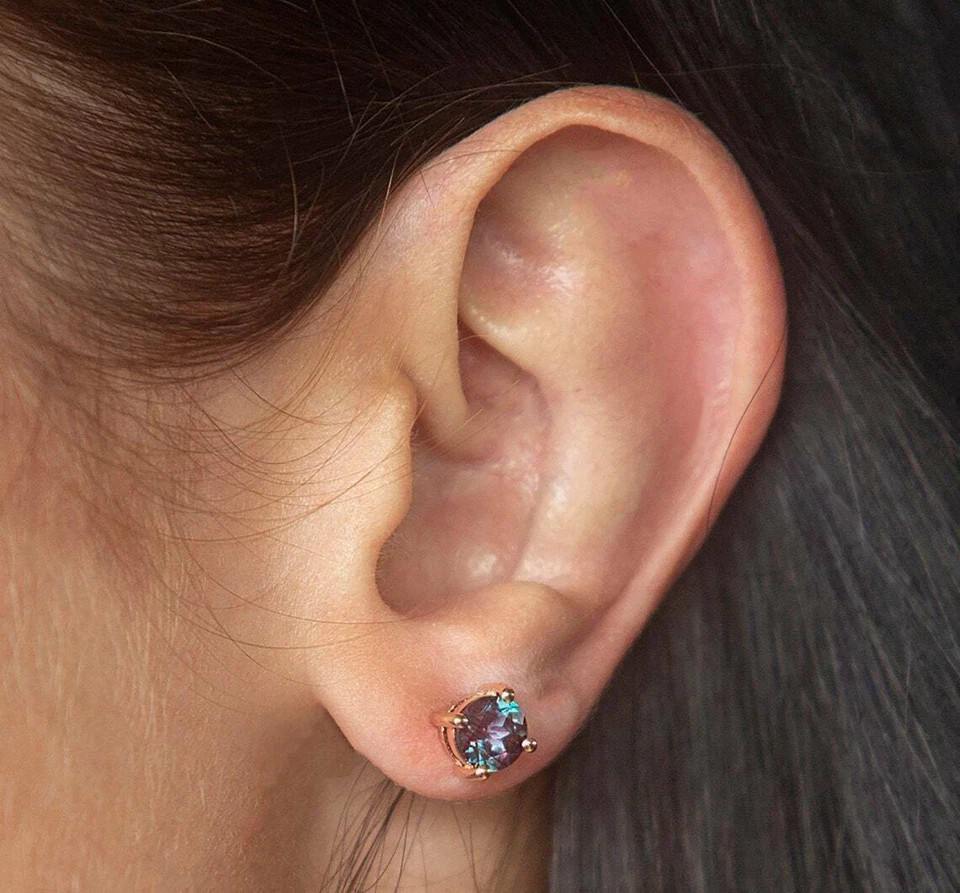 2Ct Round Cut Alexandrite Solitaire Push Back Stud Earrings 14k Rose Gold Finish